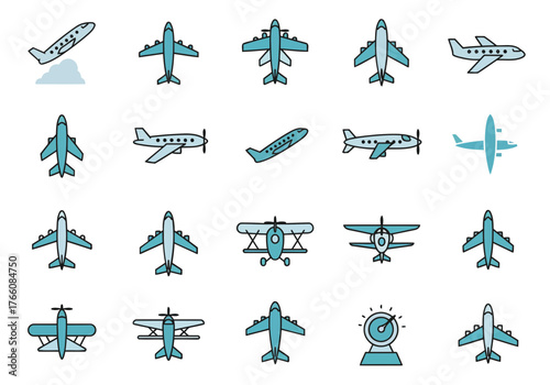 Modern airplane front and side view in simple realistic style on white