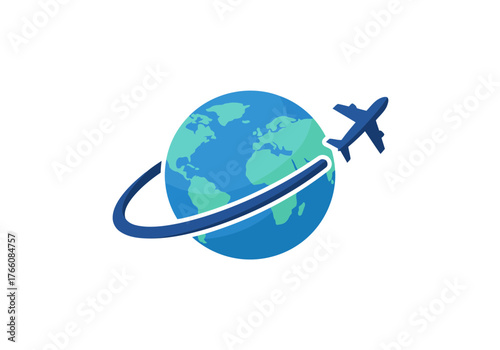 Airplane flying around globe representing global travel and international flight