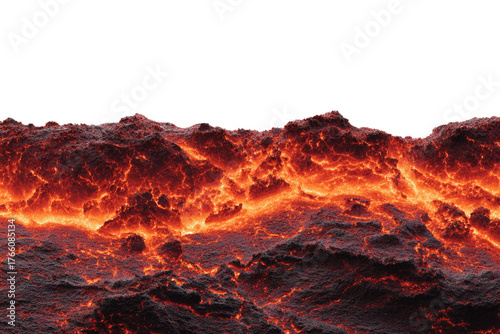 Close-up of intensely glowing molten lava with intricate cracks against a green screen. Represents extreme heat, volcanic activity, and raw power. background removed