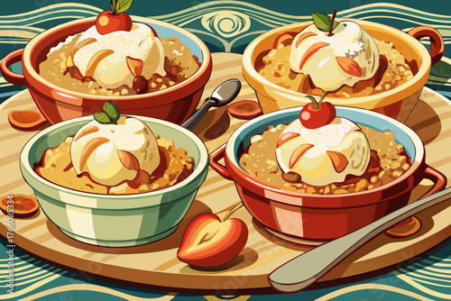 vector of Apple Crisp
Caramelized apple with a layer of breadcrumbs and toasted oats.
Serve warm with vanilla ice cream.
Suitable container: small ceramic bowls or gratin cups.