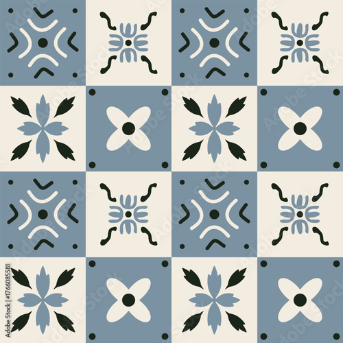 Seamless floral and geometric pattern in tile style