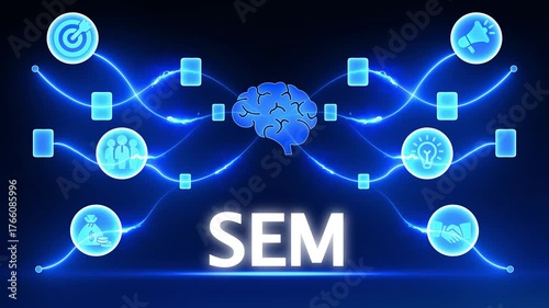 Search Engine Marketing concept with brain and connected icons on a dark blue background technology network