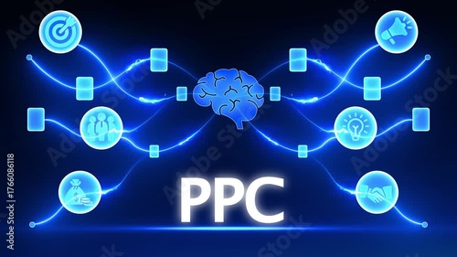 Digital marketing concept with PC text and interconnected icons representing strategy finance communication and ideas