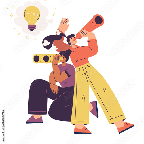 Creative Team Searching for Opportunities with a Bright Lightbulb Idea Symbol and Binoculars Illustration in Flat Design