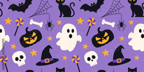 Seamless Halloween pattern with ghost, pumpkin, cat, bat, skull, bone, star, witch hat. For wrapping paper, back, banner, textile, print packaging, wallpaper, fabric, holiday design. Flat vector.