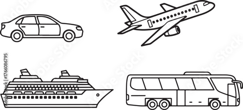 Four distinct transportation modes car airplane cruise ship and bus simple line drawings representing travel. vector