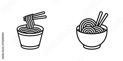 Instant noodles in bowl and cup, linear style, monochrome on white background