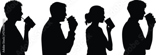 Silhouette people drinking beverage with straw, black outline figures sipping drink, lifestyle concept, refreshment, teamwork, social gathering, minimalist illustration