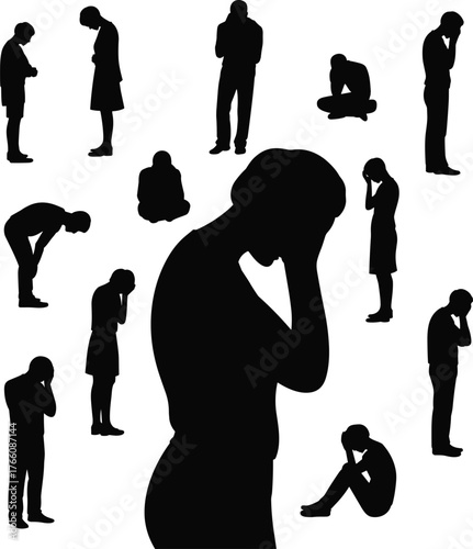 Silhouette people sadness, depression anxiety stress, mental health struggle, emotional pain loneliness, despair grief, psychology concept, human suffering illustration