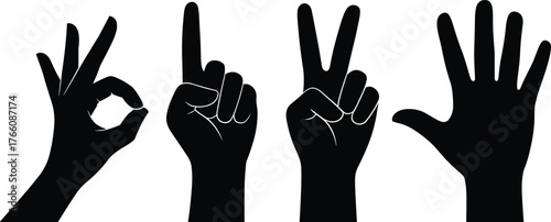 Hand gesture silhouette collection, OK sign, number one, peace symbol, open palm, black isolated shapes, nonverbal communication concept