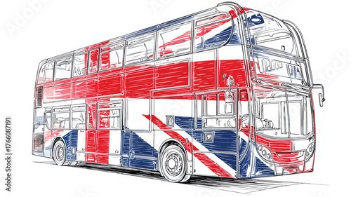 Vintage Double Decker Bus Drawing with British Flag - Ideal for Travel Blogs and Tourism Websites