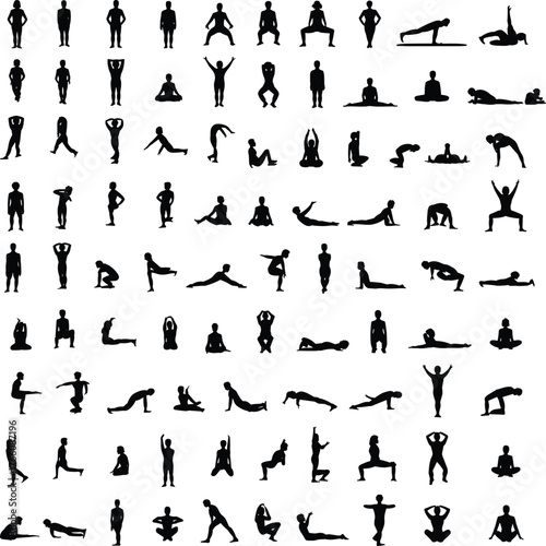 Yoga poses silhouette collection, fitness exercise positions, meditation balance, stretching flexibility, healthy lifestyle, mindfulness practice, wellness training, body strength