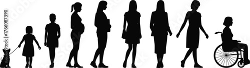 Female life stages silhouette, childhood to elderly woman, aging process, generational growth, woman evolution, family, motherhood, career, wisdom, healthcare, support