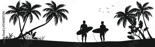 Tropical beach silhouette with surfers holding surfboards, palm trees, exotic plants, flying birds, summer vacation, surfing lifestyle, travel adventure illustration