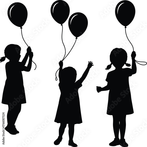 Black silhouette children holding balloons, playful kids in dresses, childhood happiness, party celebration, friendship, innocence, freedom, joy, festive atmosphere