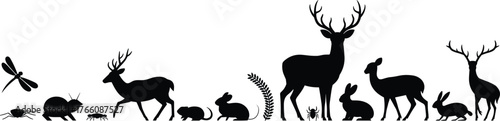 Silhouette wildlife animals insects nature illustration, dragonfly ant beetle mouse deer rabbits spider stag plant, black vector forest ecosystem design
