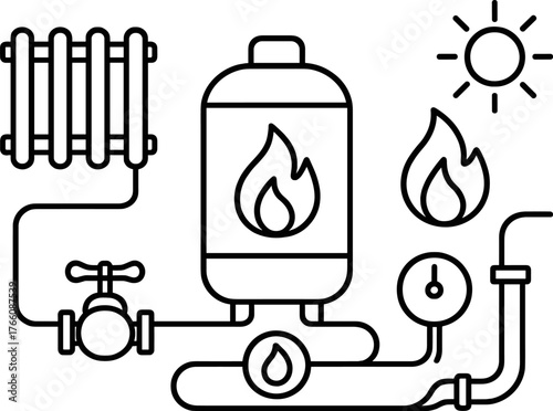 Gas boiler and radiator system line icon — home heating and energy efficiency concept