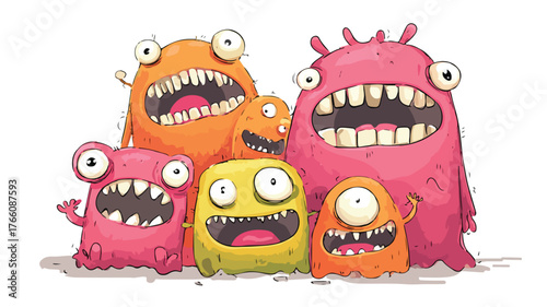 Colorful Group of Cute Monsters with Big Mouth and Eyes Vector Illustration