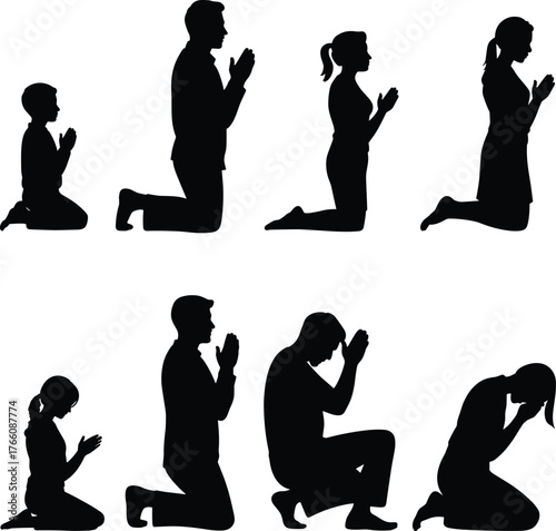 Silhouette people praying, kneeling meditation, spiritual devotion, religious worship, family faith unity, children and adults, hope, peace, reflection, supplication