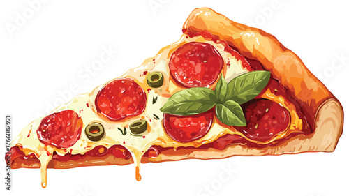 Delicious Slice of Pizza with Olive and Pepperoni - Vector Illustration