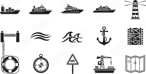 Maritime nautical icons set ships lighthouse anchor compass waves lifebuoy and map for ocean travel vector