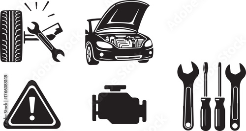 Modern graphic icons for car repair automotive services maintenance tools engine tire and warning sign vector
