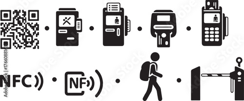 Modern payment access control icons qr nfc pos terminals person security gate vector