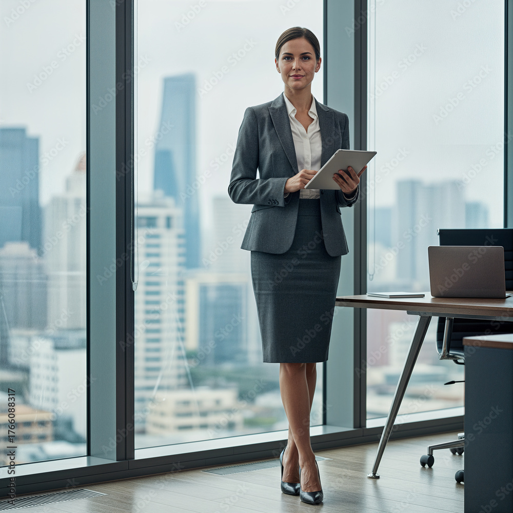 Fototapeta premium Confident Businesswoman Standing in Modern Office with Digital Tablet