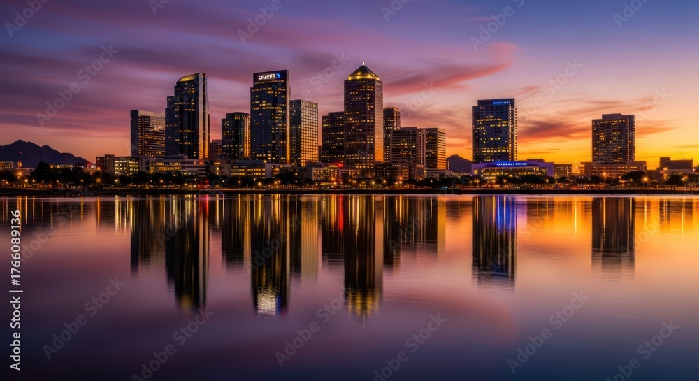 Fototapeta premium Urban serenity cityscape reflection at sunset with colorful gradient sky creating a tranquil scene