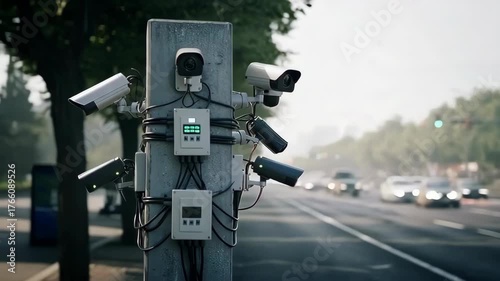 A surveillance camera pole stands guard on the edge of a bustling roadway, capturing the constant flow of traffic and monitoring the surrounding environment.