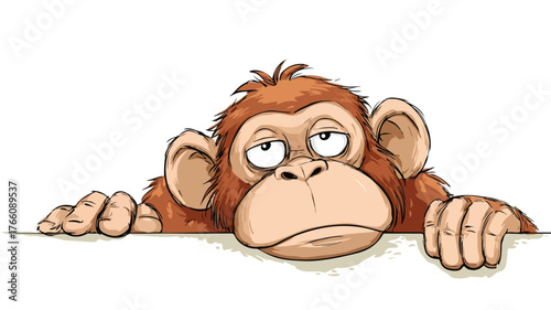 Adorable Cartoon Ape Showing Bored Expression, Isolated on White Background