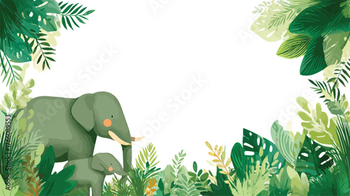 Charming Vector Cartoon Elephants Frame with Lush Natural Vegetation