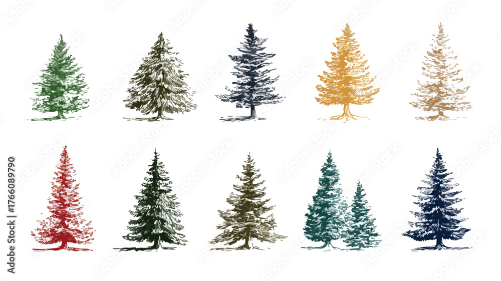 Fototapeta premium Christmas Tree Vector Set with Outline for Festive Design Projects