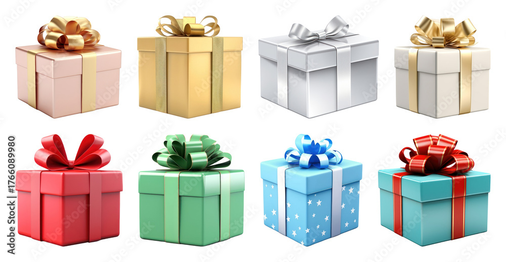 Obraz premium PNG Colorful gift boxes with bows, element set on transparent background