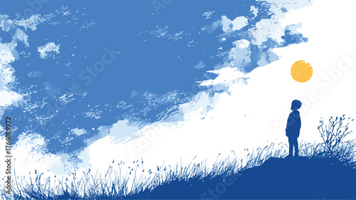 Young Boy Gazing at Sky from Hilltop - Vector Illustration