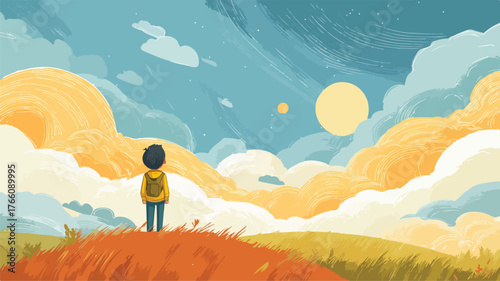 Young Boy Watching Sky Horizon Hilltop Vector Illustration
