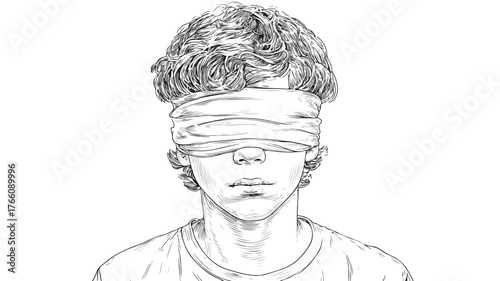 Professional Vector of Young Boy with Black Blindfold and Outline Isolated