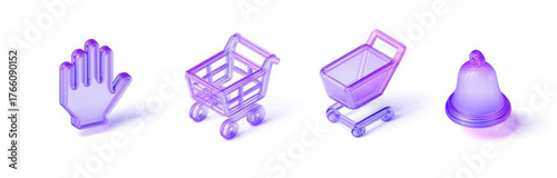 Ecommerce, retail and shopping 3d icon set. Glass holographic cart, hand click, notification bell and basket, isolated elements for online store, internet shop, market or supermarket. 3D illustration
