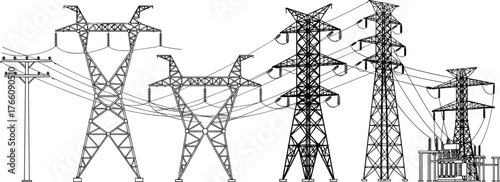 Silhouette vector illustration, electrical transmission infrastructure, power towers, utility pole, substation, electricity grid, energy distribution, industrial engineering design