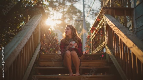 Woman Sitting Barefoot on Wooden Steps Drinking Coffee at Spring Sunrise, Enjoying Slow Morning