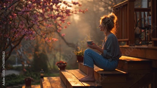 Woman Sitting Barefoot on Wooden Steps Drinking Coffee at Spring Sunrise, Enjoying Slow Morning