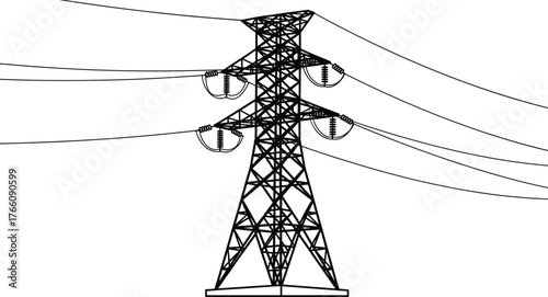 Silhouette vector illustration, high voltage transmission tower, electricity pylon, power lines, energy infrastructure, grid system, electrical engineering design