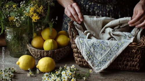 Hands Folding Linen Napkins Beside Basket of Lemons and Wildflowers