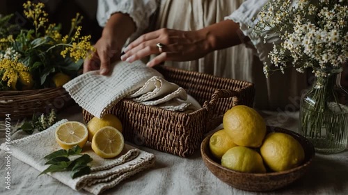 Hands Folding Linen Napkins Beside Basket of Lemons and Wildflowers