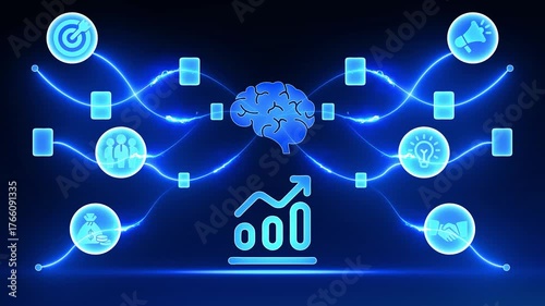 Digital Brain Network Connecting Growth Chart Icon with Glowing Blue Lines and Data Cubes Keywords: brain, mind, network, connection, growth, chart, graph, finance, investment, profit, success