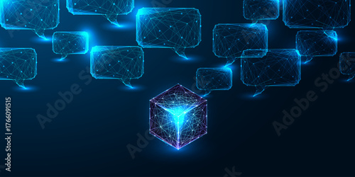 AI computing and digital infrastructure with glowing data cube and communication speech bubbles