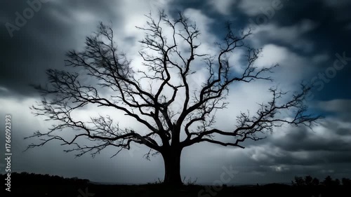 A lone tree's intricate branches slowly sway and dance in a strong wind, silhouetted dramatically against a fast-moving, cloudy sky in high detail slow motion silhouetted, dreamy, movement