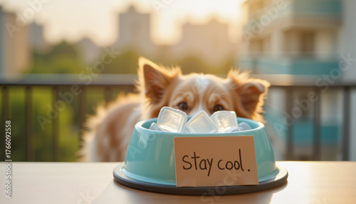 Dog drinking water with ice cubes in bowl on sunny balcony  