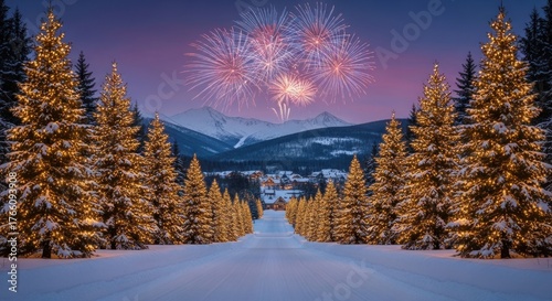 Enchanting Winter Road Lined with Illuminated Christmas Trees, Snow-Covered Mountains, and Fireworks Display at Twilight