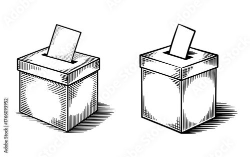 Black and white drawing of two ballot boxes with papers inserted, representing election, voting, democracy, and political participation.